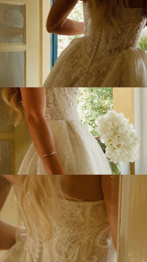 Composição com detalhes do vestido e do buquê da noiva.