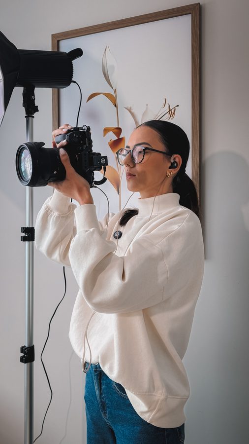 Beatriz fotografando em estúdio, com a câmera na mão.